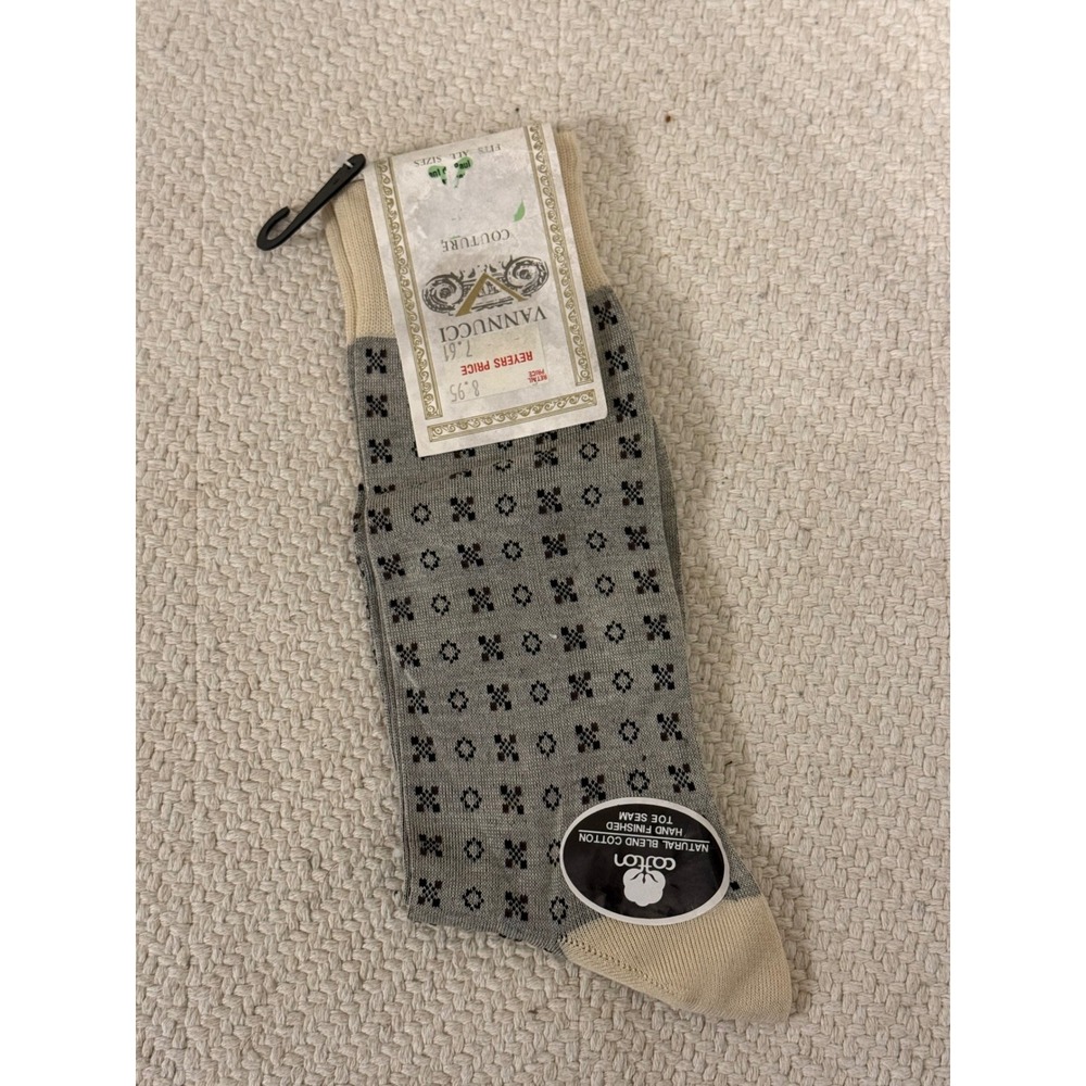 Vannucci Men's Cotton Blend Dress Socks XO Pattern Grey Beige One‎ Size